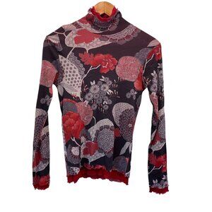 90's Y2K Whimsigoth Asian Floral Mesh Lettuce Hem Mock Neck Red Black Sz S/M